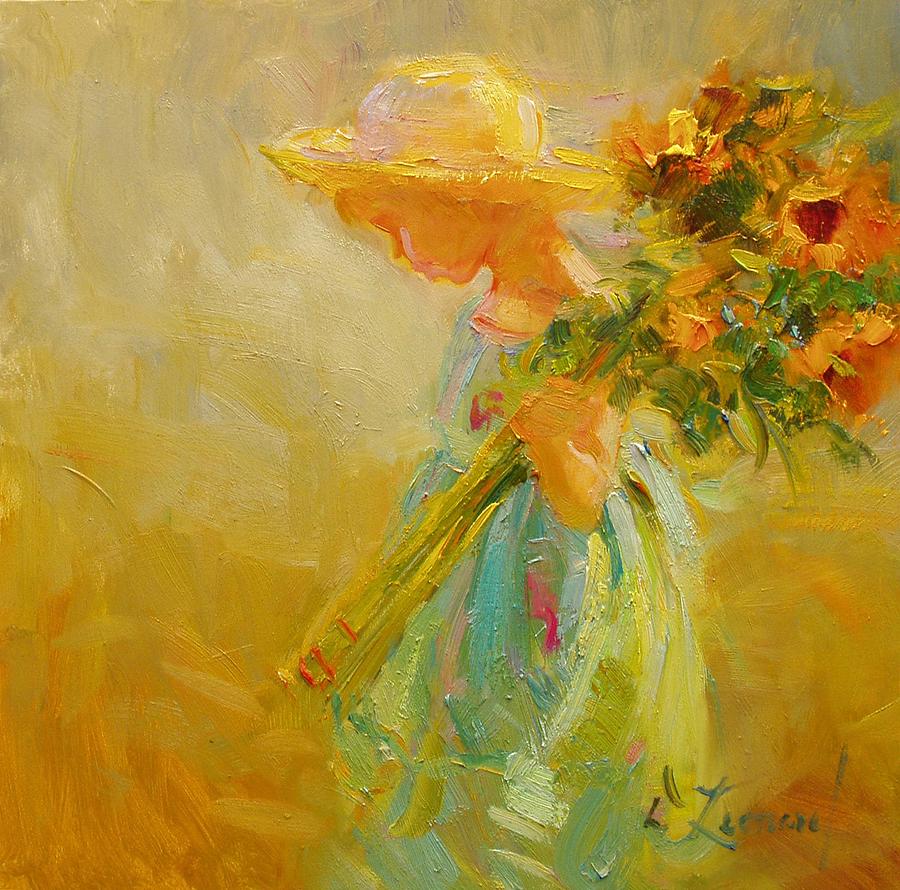 900x890 Little Sunflowers Painting By Diane Leonard - Leonard Painting