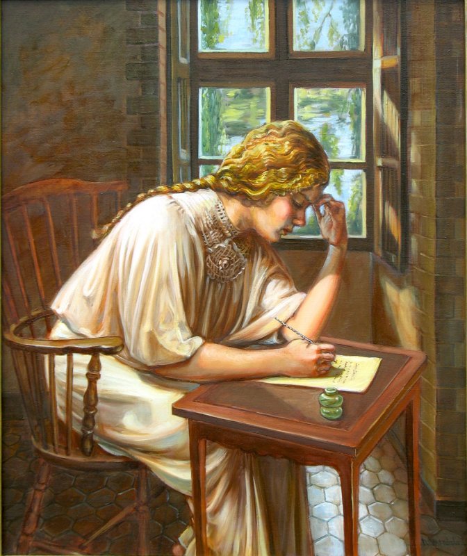 672x800 Young Girl Writing A Letter, Oil Painting, Oil On Canvas, Figures - Letter A Painting
