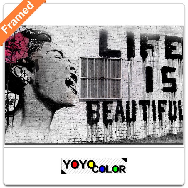 640x640 Banksy Life Is Beautiful, Framed Canvas Print Painting Artwork - Life Is Beautiful Painting