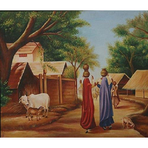 500x500 Village Life Painting, Glass Painting - Life Painting
