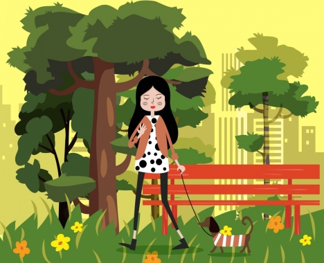 468x380 Lifestyle Painting Walking Woman Pet Park Icons Vectors Stock - Lifestyle Painting