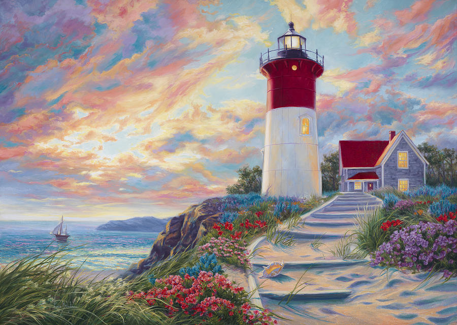 900x640 Lighthouse At Sunset Painting By Lucie Bilodeau - Lighthouse Acrylic Painting