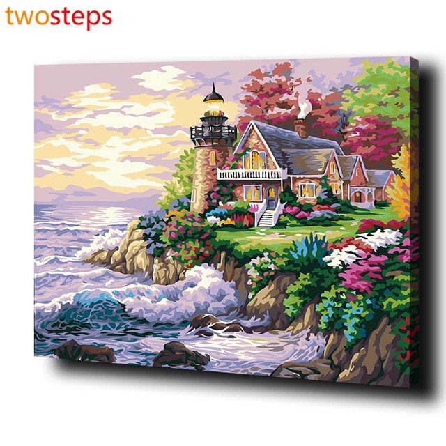 640x640 Twosteps Seaside Lighthouse Diy Digital Canvas Oil Painting By - Lighthouse Acrylic Painting