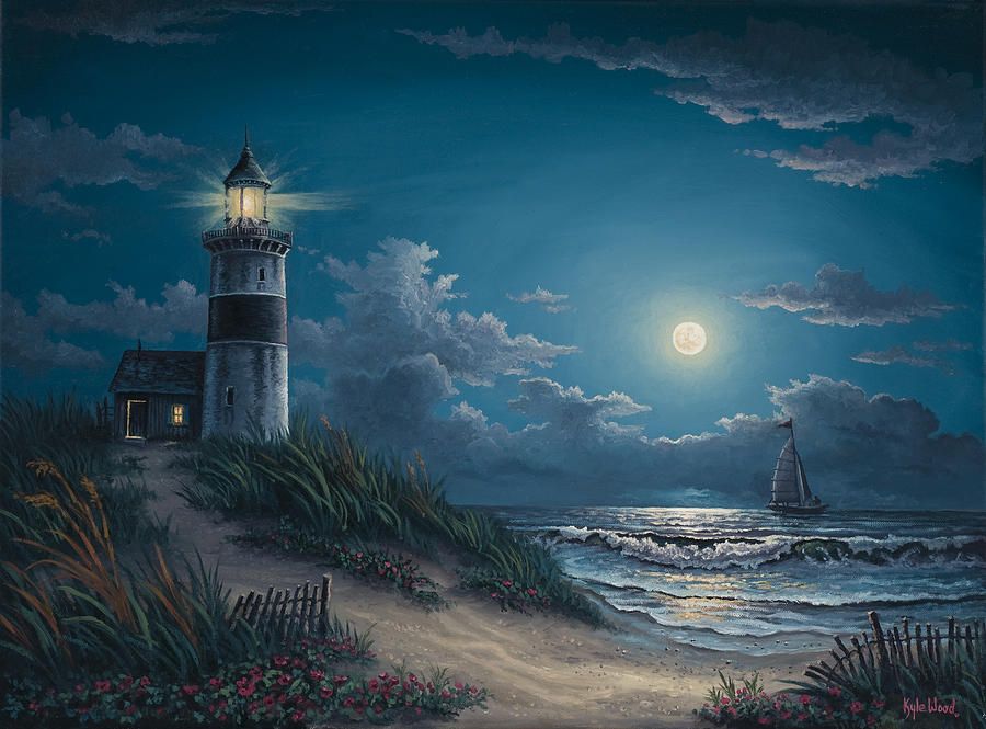 900x665 Night Watch Painting - Lighthouse At Night Painting