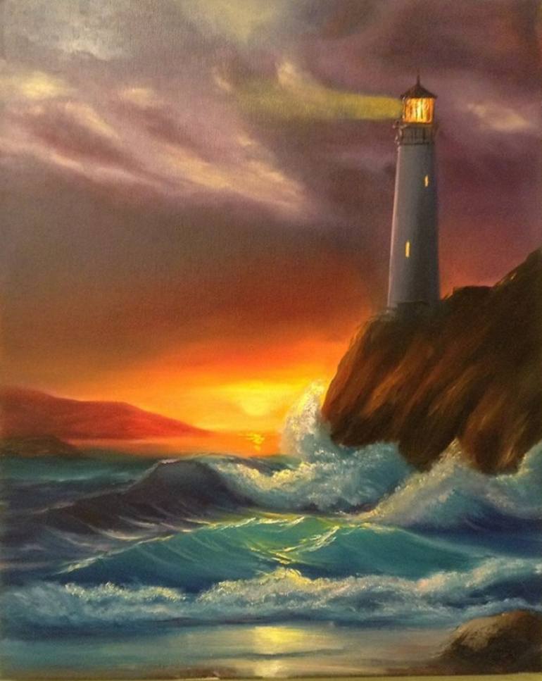 770x967 Saatchi Art Lighthouse At Night Painting By Nata New - Lighthouse At Night Painting