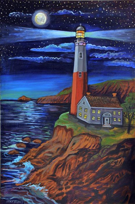 464x700 The Lighthouse Kira Yustak - Lighthouse At Night Painting