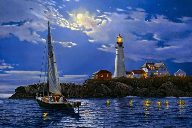 640x427 Art Love Sailing Boats Lighthouse Night Mood Sky Moon Ea157 Living - Lighthouse At Night Painting