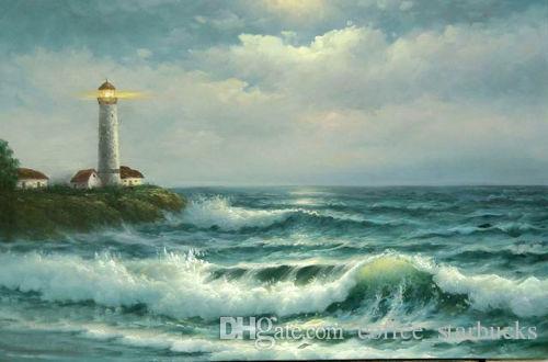 500x330 Lighthouse Beach Sunset Ocean Waves,pure Hand Painted Seascape Art - Lighthouse Oil Painting