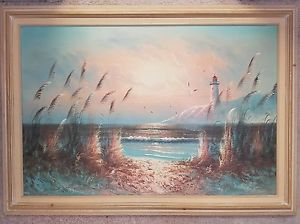 300x224 Seascape Oil Painting On Canvas Lighthouse Sunset Duggan Signed 36 - Lighthouse Oil Painting