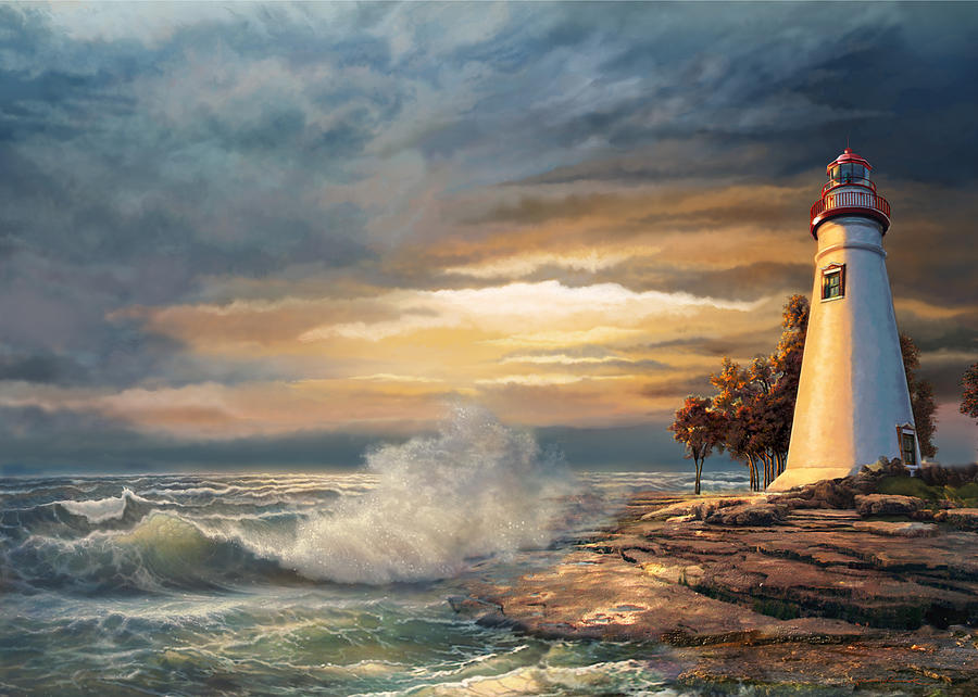 900x642 Sunset With Ohio Marble Head Lighthouse Painting By Regina Femrite - Lighthouse Oil Painting