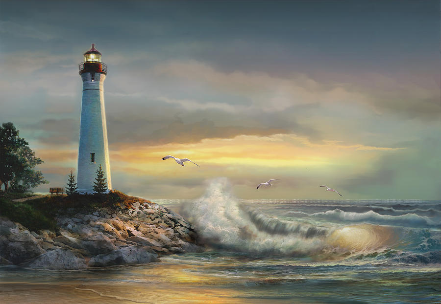 900x622 Crisp Point Lighthouse At Sunset Painting By Regina Femrite - Lighthouse Oil Painting