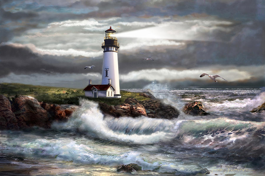 900x600 Oregon Lighthouse Beam Of Hope Painting By Regina Femrite - Lighthouse Painting
