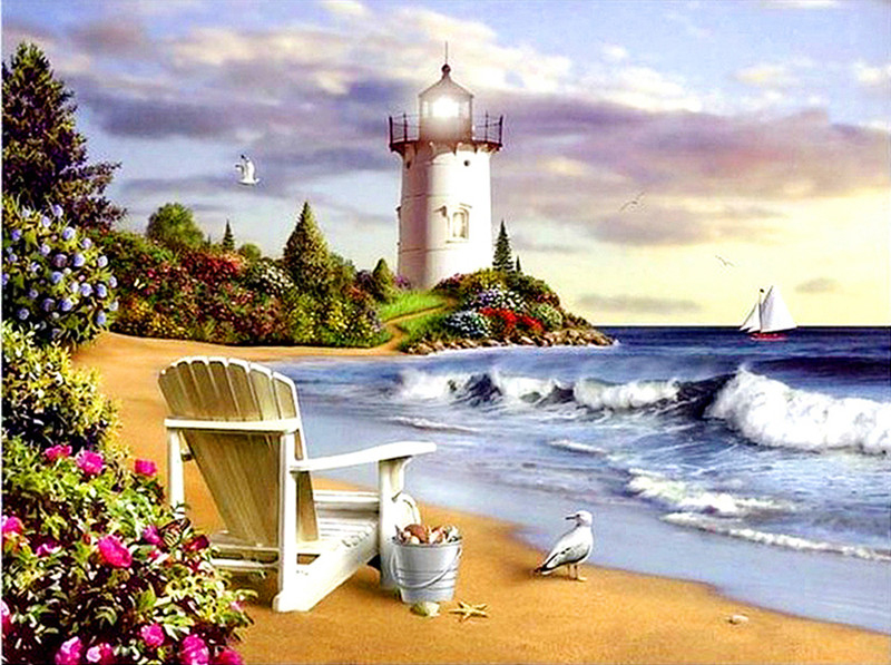 800x597 Beach Lighthouse Diamond Painting Embroidery Kit 5d Diamond - Lighthouse Painting