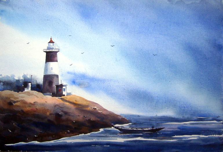 770x524 Saatchi Art Lighthouse Watercolor Painting Painting By Samiran Sarkar - Lighthouse Painting