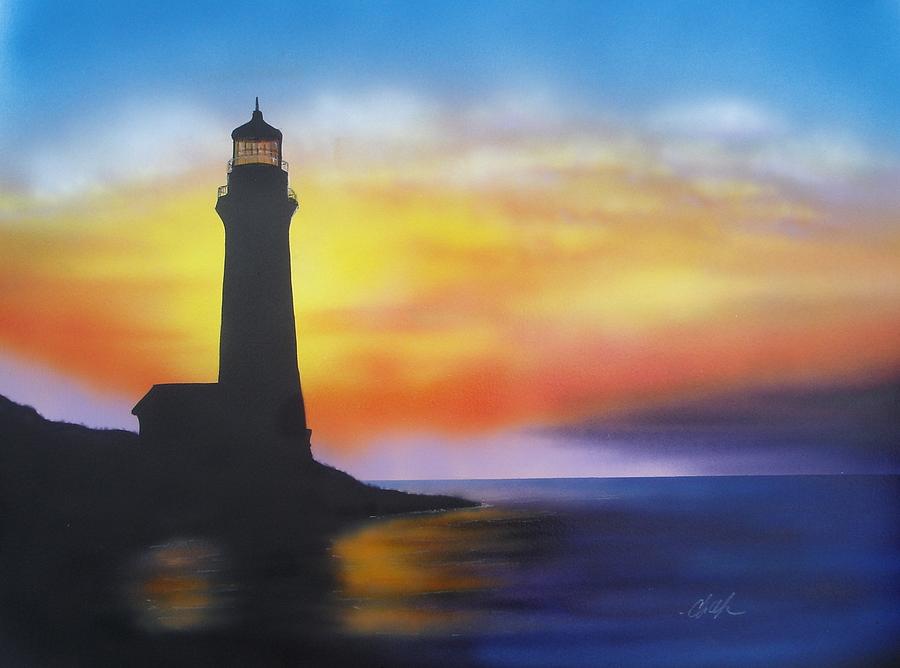 900x668 Lighthouse At Sunset Painting By Chris Fraser - Lighthouse Silhouette Painting