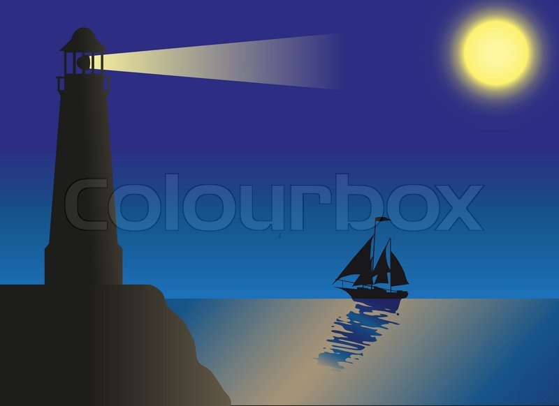 800x582 Lighthouse Silhouette Against The Sky And Sea Stock Vector - Lighthouse Silhouette Painting
