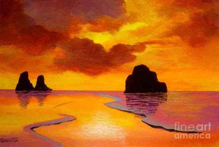 711x479 Beach Sunset Silhouette Painting - Lighthouse Silhouette Painting