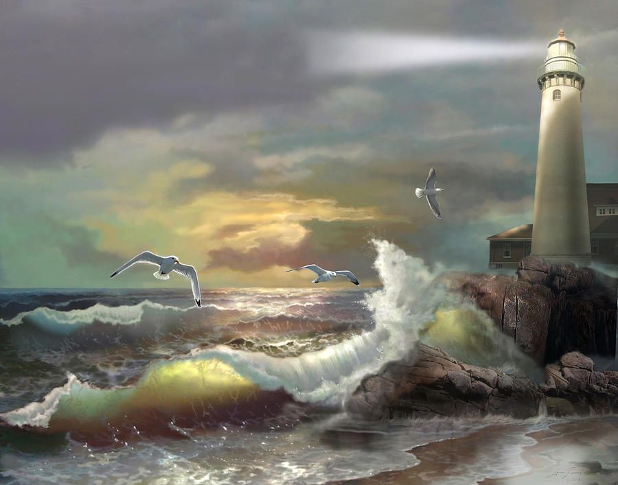 900x707 Michigan Seul Choix Point Lighthouse Art Print Painting - Lighthouse Storm Painting