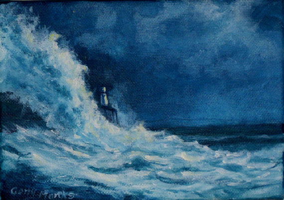570x403 Seascape.lighthouse. Storm Painting. - Lighthouse Storm Painting