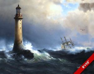 300x239 Ship In Rough Sea Eddystone Devon Lighthouse Seascape Painting Art - Lighthouse Storm Painting