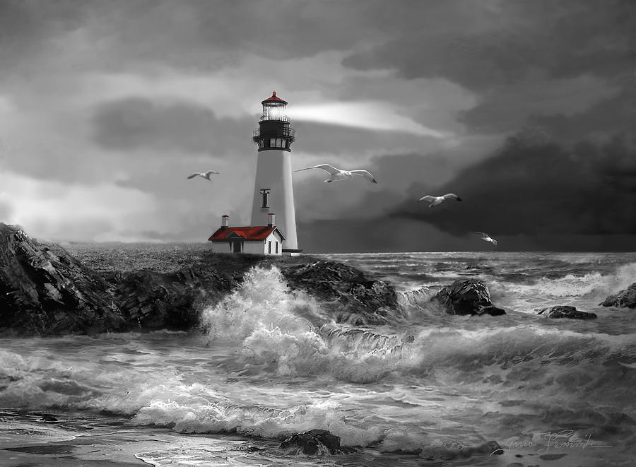 900x661 Beam Of Hope In Black And White Painting By Regina Femrite - Lighthouse Storm Painting