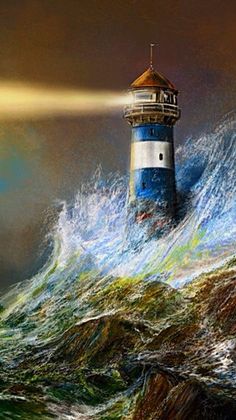 236x420 Lighthouse Painting Lighthouse Paintings - Lighthouse Storm Painting