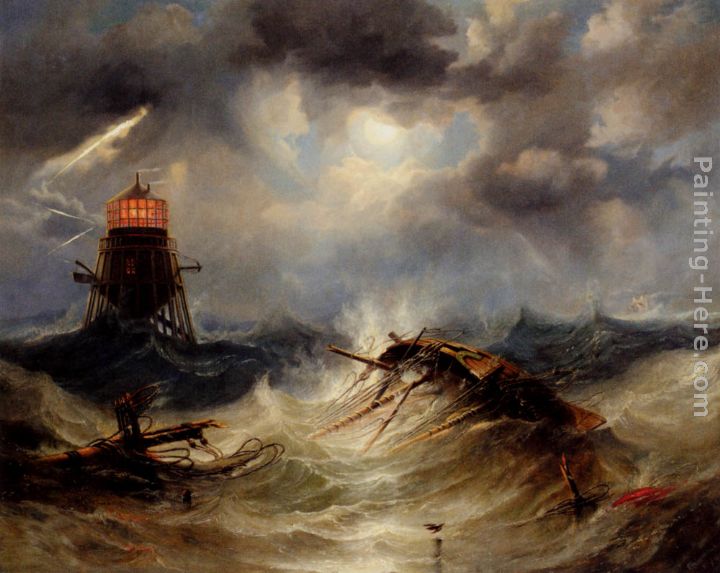 720x573 James Wilson Carmichael The Irwin Lighthouse, Storm Raging - Lighthouse Storm Painting