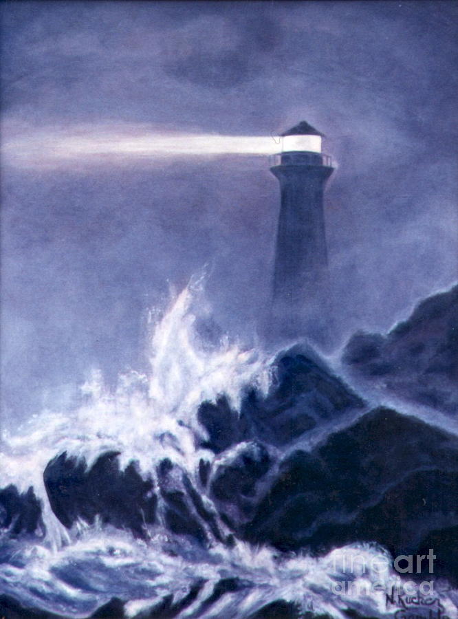 666x900 Lighthouse In Dark Painting By Nancy Rucker - Lighthouse Storm Painting