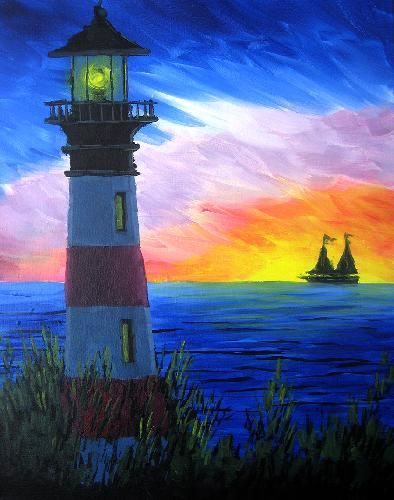 394x500 Ledges Pub Amp Patio - Lighthouse Sunset Painting