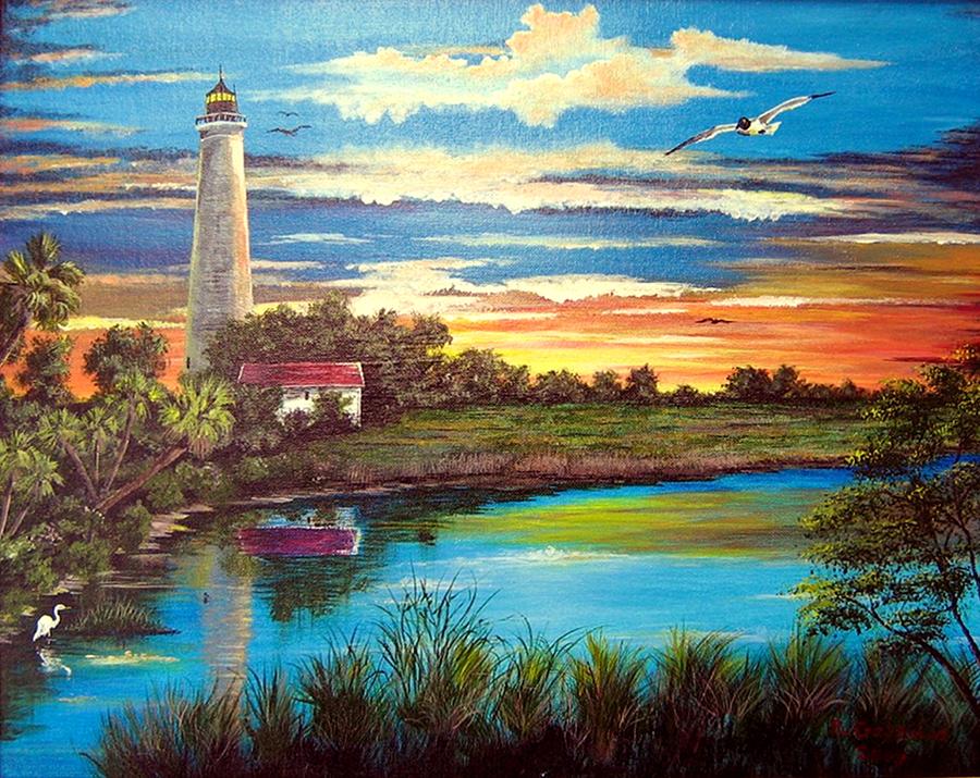 900x715 Lighthouse Sunset Painting By Riley Geddings - Lighthouse Sunset Painting