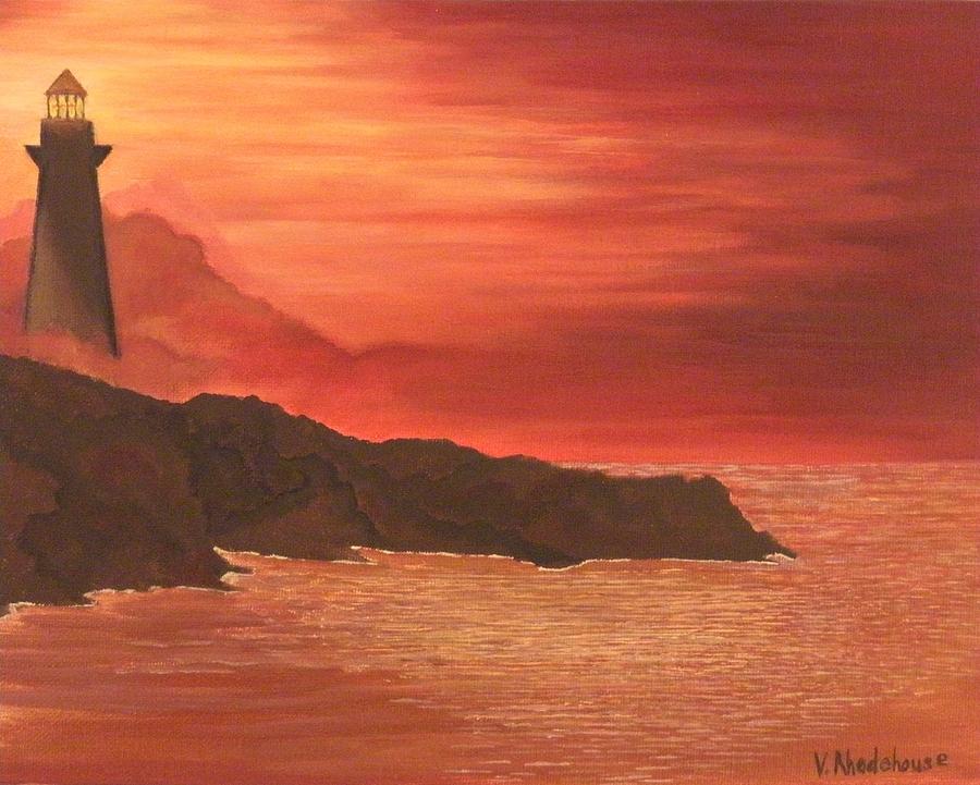 900x721 Lighthouse Sunset Painting By Victoria Rhodehouse - Lighthouse Sunset Painting