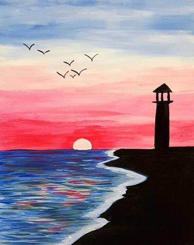 395x500 Lighthouse Sunset Painting - Lighthouse Sunset Painting