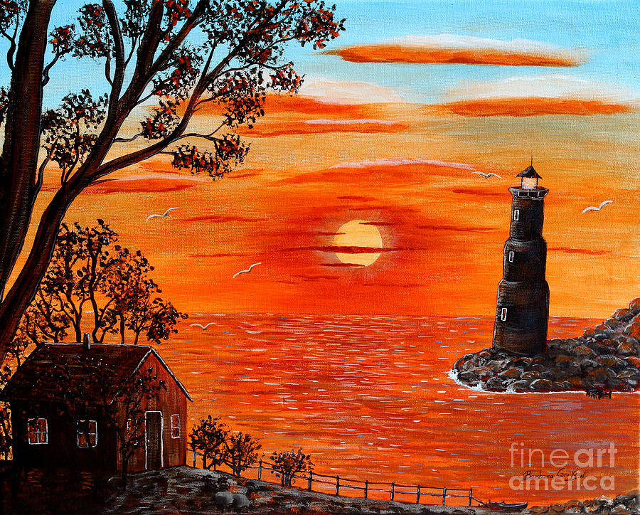 900x724 Sunset Lighthouse Painting By Barbara Griffin - Lighthouse Sunset Painting
