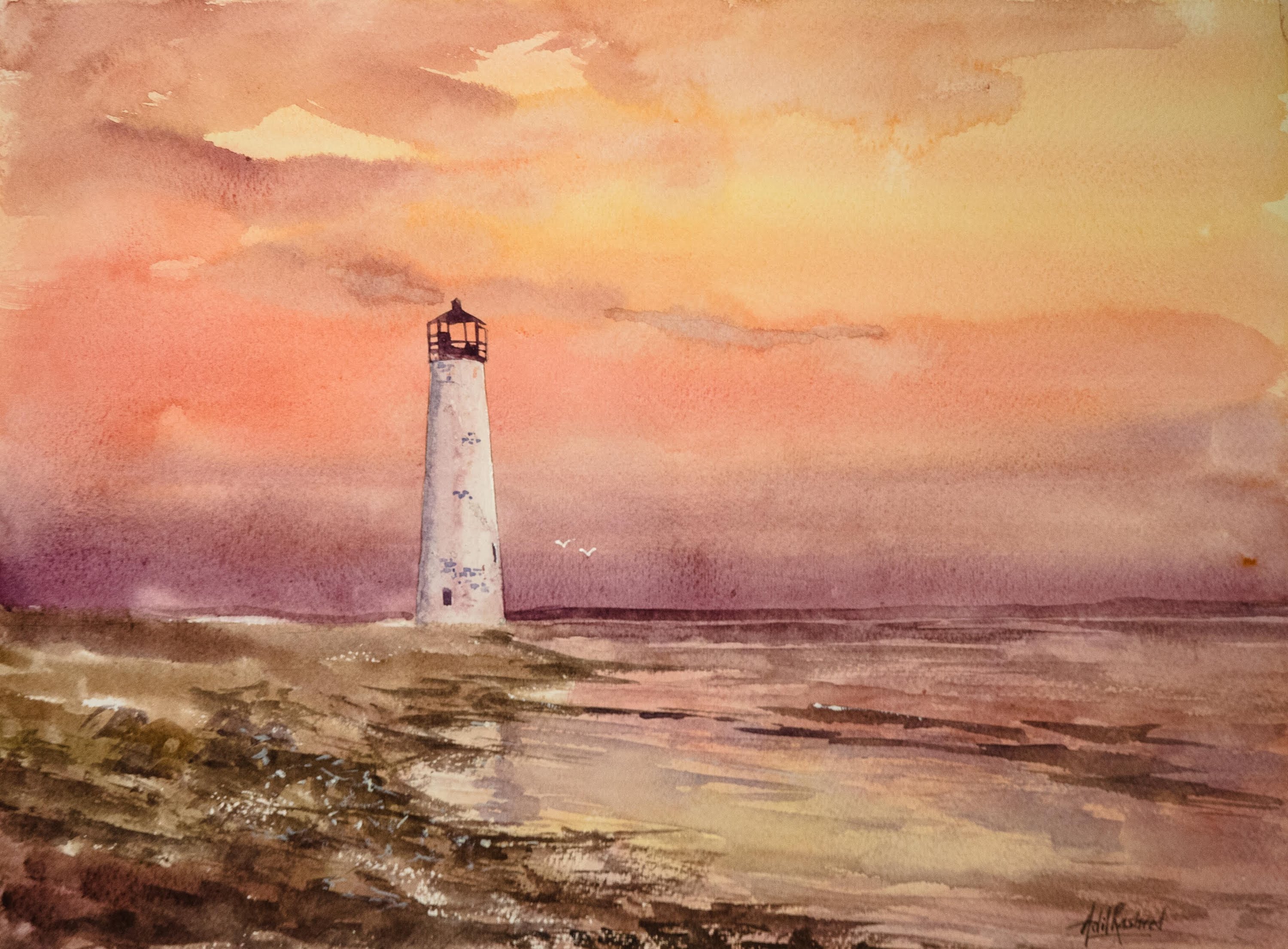 3000x2210 Sunset With A Lighthouse In Watercolor - Lighthouse Sunset Painting