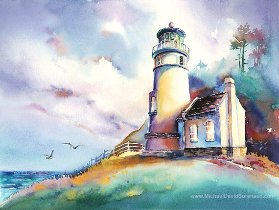 570x428 Morning - Lighthouse Watercolor Painting