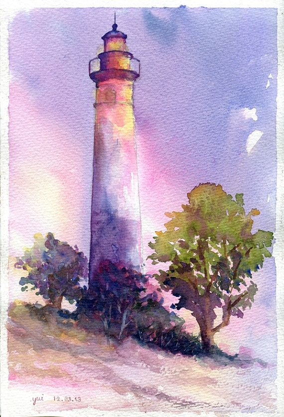 570x837 Tower Original Watercolor Painting 75x11 By Waysideboutique - Lighthouse Watercolor Painting