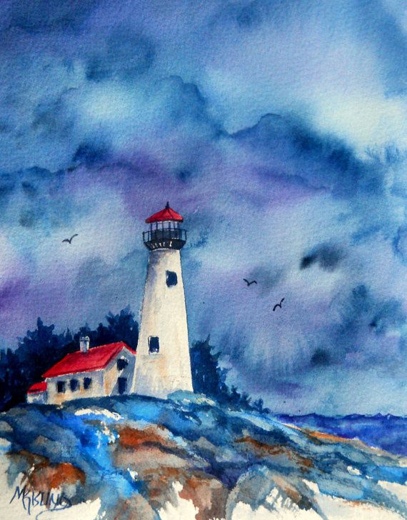 570x728 Watercolor Lighthouse With Stormy Sky By By Marthakislingart - Lighthouse Watercolor Painting