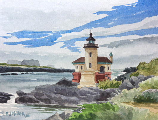 530x402 Coquille River Lighthouse, Bandon - Lighthouse Watercolor Painting