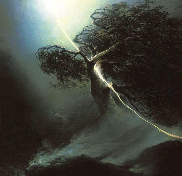 640x616 Maxim Vorobiev, Oak Fractured By A Lightning Bolt. Allegory - Lightning Bolt Painting