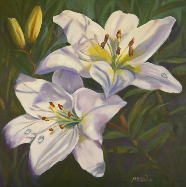 595x600 Marion's Floral Art Blog Sunlit White Lilies Oil Painting - Lillies Painting