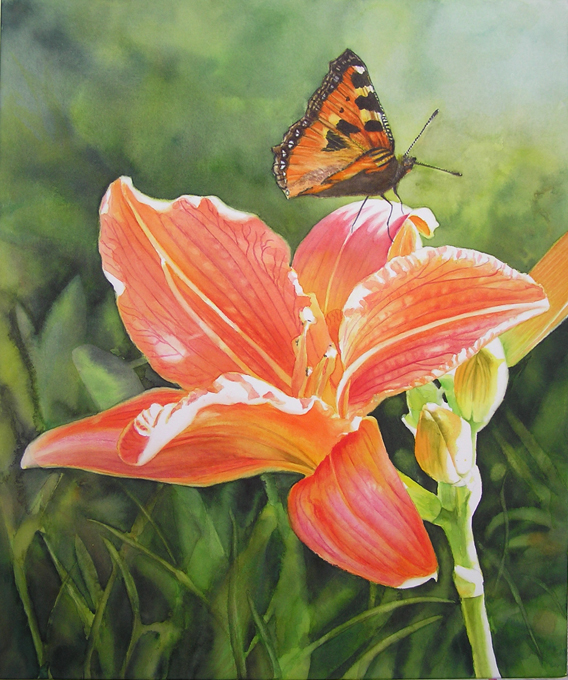 568x680 Orange Lily Flower Painting With Butterfly - Lily Flower Painting