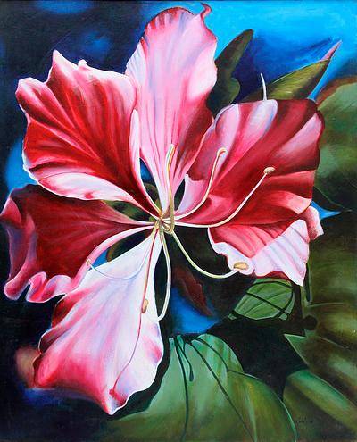 400x495 Pink And Red Water Lily Flower Painting Signed By Artist - Lily Flower Painting
