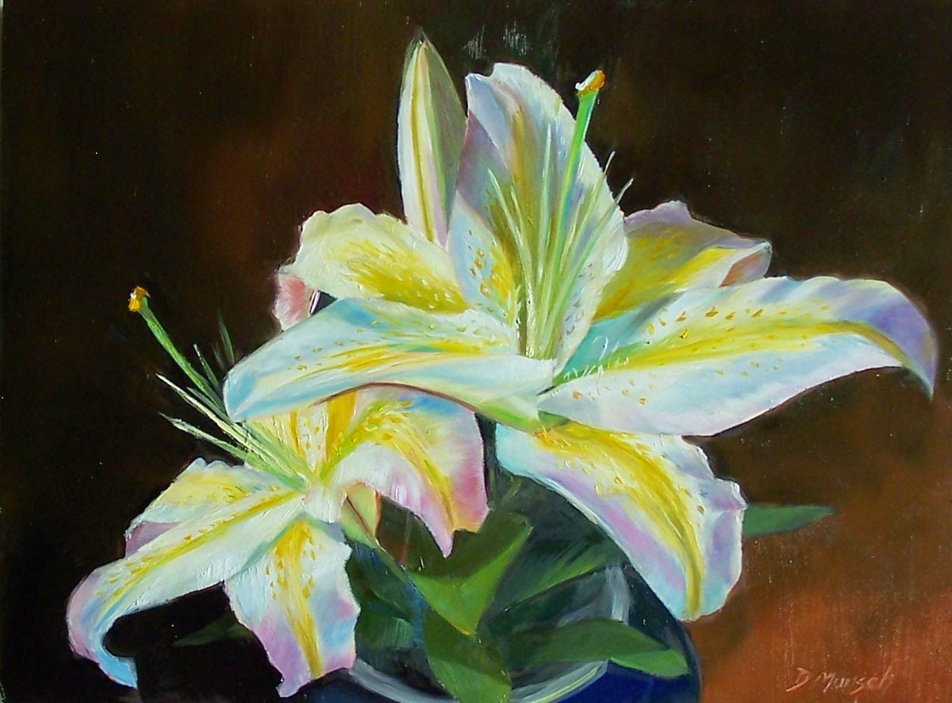 1361x1005 Donna Munsch Fine Art Original Oil Painting Yellow Stripe Lily - Lily Oil Painting