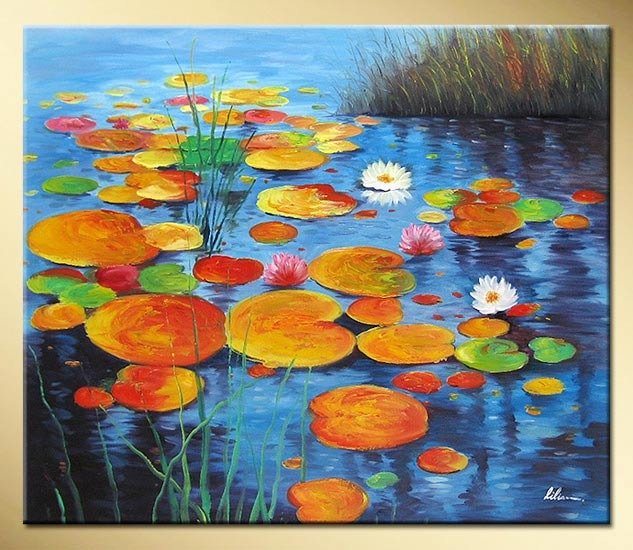 633x550 Art Works Hand Painted Green Water Lily Pads Decorative Landscape - Lily Pad Painting