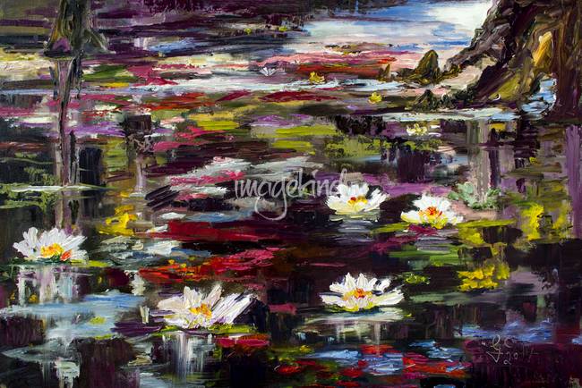 650x434 Black Water Lily Pond Oil Painting By Ginette Callaway - Lily Pond Painting