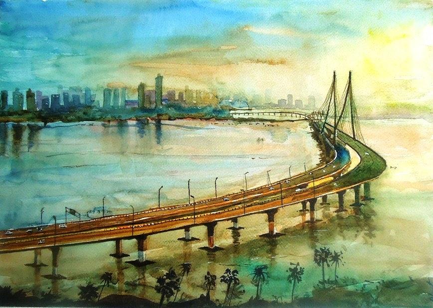 868x618 Mumbai Sea Link Painting By Chetan Agrawal - Link Painting
