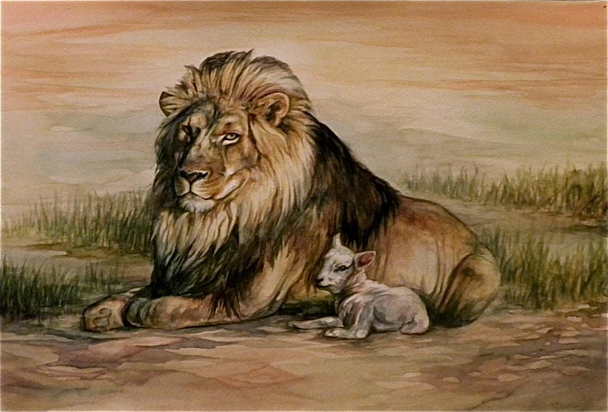 853x579 Lion And Lamb Painting By Danielle Sobol - Lion And Lamb Painting