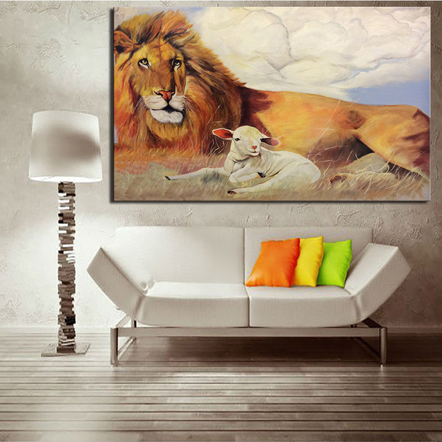 640x640 Dpartisan Lion With Lamb Creative Wall Painting Print On Canvas - Lion And Lamb Painting