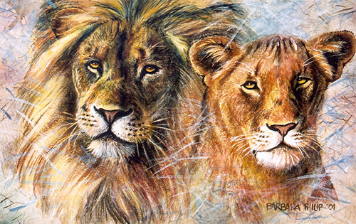 500x315 Lion Amp Lioness On Rice Paper Barbara Philip - Lion And Lioness Painting