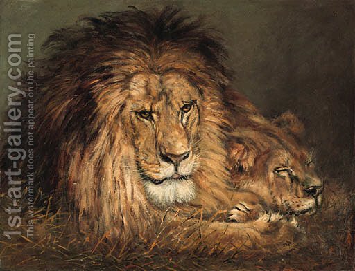 512x392 A Lion And Lioness Resting Geza Vastagh Reproduction 1st Art Gallery - Lion And Lioness Painting